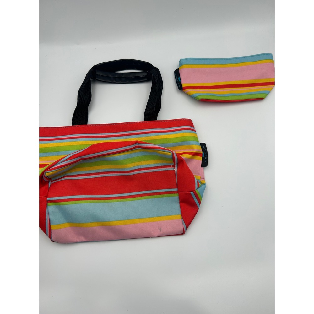 Vincelli Striped Tote Bag and Zippered Pouch Set Multi-Color Canvas B877